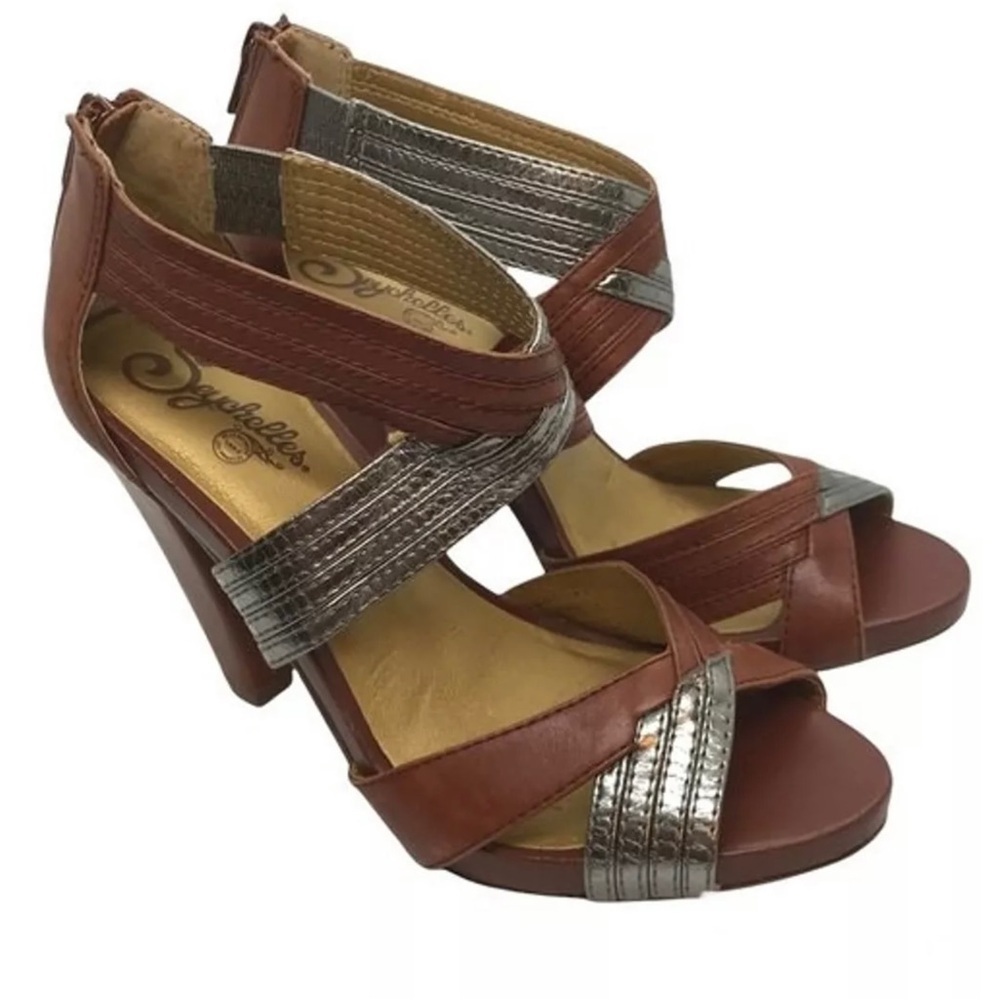 Seychelles Open Toe Shoe Womens Size 7.5 Zipper Closure Brown/Silver CARD SHARK
